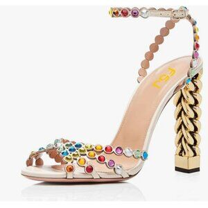 FSJ Beige Sexy Rainbow Series Golden High Heels Sandal Peep Toe Ankle Strap Shoe